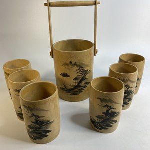 Tiki Bamboo Glasses & Ice Bucket Hand Painted Korean War Souvenir 50's Set of 7